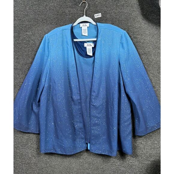 LE BOS Open Front Knit Suit Jacket Blazer Cardigan With Top Sz 24W Blue Sparkle - Picture 1 of 13